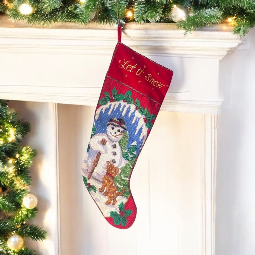 Christmas Needlepoint Stocking Snowman Puppy Dog Let It Snow Red Velvet Back